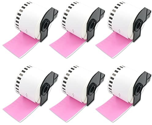 BETCKEY - 6 DK-22205 Rouleau de Papier Continu Compatible avec Brother, 62mm x 30.48m, 6 Étiquettes Couleur Rose pour Imprimantes d'Étiquettes QL Brother