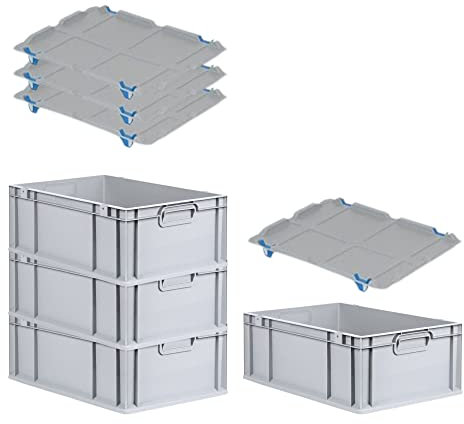 PROREGAL SuperSparSet 4x Eurobox NextGen Grip mit Auflagedeckel & 4 blauen Schiebeschnappverschlüssen, HxBxT 22x40x60cm, 44 L, Grau, Griffe geschlossen, Eurobehälter, Transportbox