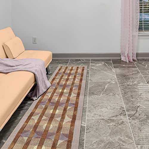 CASAVANI Handblockbedruckter Boho-Teppich, geometrisch, braun, Badezimmerteppich, pflegeleicht, waschbar, flach gewebte Baumwolle, böhmische Teppiche für Schlafzimmer, 10 x 4 m Läufer
