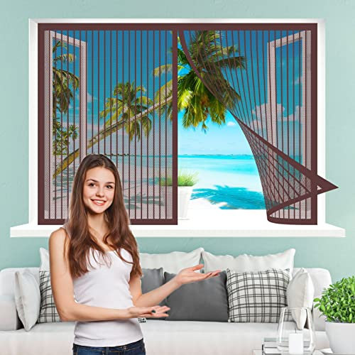 Fliegennetz Fenster Magnet, 110 x 140 cm Insektenschutz, Insektenschutzgitter Terrassentür, Ohne Bohren für Alle Fenster, Braun