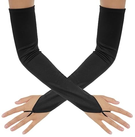 Sibba Cosplay-Handschuhe Sommer Schwarz Fingerlos lang Spitze Netzstoff Satin Fäustlinge Sommer Opernparty Fischnetz Armstulpe Gothic-Zubehör Rave Ellenbogenlänge Band formeller Abend Damen-Kostüm