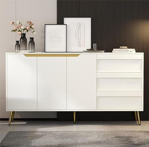 DEZAGCE Sideboard mit 3 Schubladen und 3 Türen, Kommode weiß, Sideboard Wohnzimmer, Anrichte, Küchenkommode, Wohnzimmerschrank, Metallbeine, Modern, hochwertige MDF, 40X85X160cm