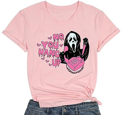No You Hang Up Scary Horror Movie Halloween Shirt Women Funny Ghostface T Shirt Casual Halloween Party Tee Tops, Pink, Groß
