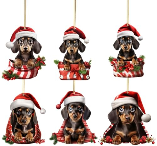 Supatmul 6 Stück Hunde Weihnachtsschmuck 2023, Lustiger 2D Acryl Dackel-Christbaumschmuck Ornament zum Aufhängen für Tür, Auto-Rückspiegel, Fenster, Rucksack, Geschenk für Hundeliebhaber