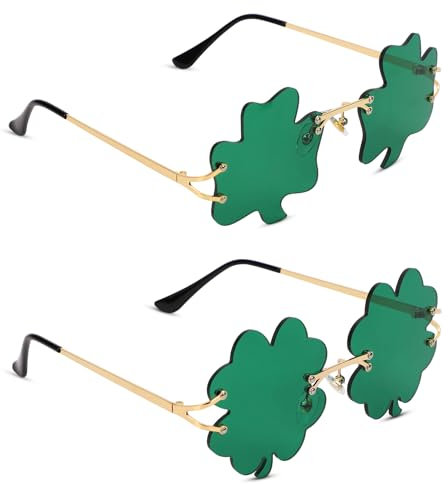 XIHIRCD 2 Paar St. Patrick's Day Sonnenbrille, St. Patrick's Irish Kleeblatt Sonnenbrille Vierblättriges Kleeblatt Brille St. Patricks Day Accessoires für Damen Herren Kinder Erwachsene (Dunkelgrün)