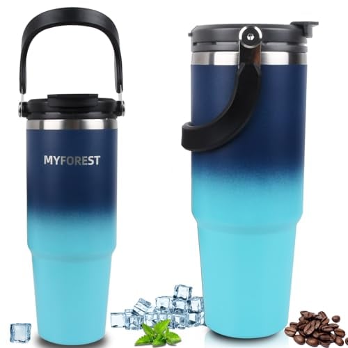 MYFOREST Insulated Tumbler 900ml/30oz, Coffee Mug to Go with Straw, Double-Wall Stainless Steel Vacuum with Top Handle, 2-in-1 Leak-Proof Lid for Cold Carbonated/Hot Tea, Dishwasher-Safe