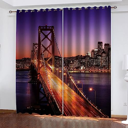 Hochschattierte Bedruckte Perforierte Vorhänge, Dekorative 3D-Vorhänge Für New York Bridge Nachtansicht, Living Room Bedroom Children's Room Hotel
