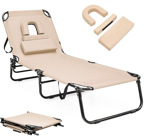 KOMFOTTEU Bain de Soleil Pliante, Chaise Longue, 3 Appuie-tête Amovibles & Trou, Chaise inclinable de Plage, Dossier réglable en 5 Positions, Transat de Piscine Portable, 63 x 194 x 37 cm (Beige)