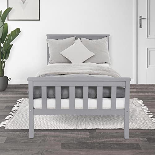 ML-Design Holzbett 90x200 cm Hellgrau Kiefernholz, Massivholz Bettgestell mit Lattenrost und Füße, Einzelbett mit Kopf- und Fußteil, Bett für Kinder und Erwachsene Massivholzbett Kinderbett Jugendbett