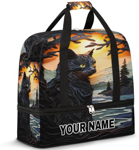 Personalisierbare Reisetasche für Damen und Herren, personalisierbar, Sporttasche mit Schuhfach, faltbare Tanztasche, Wochenendtasche, Übernachtungstaschen, schwarzer Katzenbaum, Schwarzer Kratzbaum,