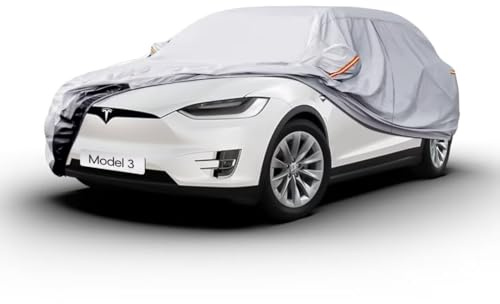 GUNHYI 6 Layers Heavy Duty Sedan Car Cover Waterproof 100%, Custom Fit For Tesla Model 3 2017-2025, All Weather Outdoor Car Cover Sun Rain Dust Protection, With Cotton Lined, Silver