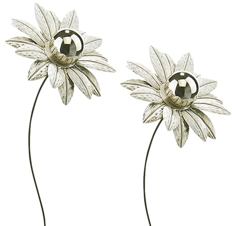 Kobolo Gartenstecker White Flower, 2er Set, Metall, weiß, 92 cm, dekorative Blumenstecker mit Edelstahlkugel für Moderne Gartendekoration