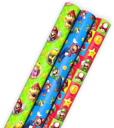 Hallmark Nintendo Super Mario Geburtstags-Geschenkpapierrollen für Kindergeburtstage, Weihnachten, jeden Anlass (Set mit 3 Rollen: 60 m² insgesamt) Mario, Luigi, Yoshi, Bowser, Princess Peach, Toad