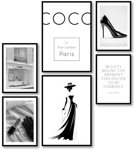 MJ-GRAPHICS® Fashion Mood Poster Coco, Schwarz Weiß Lifestyle Wandbild, Schlafzimmer & Wohnzimmer, 2xA3 4xA4, Kunstdrucke, Elegante Vintage Bilder Ohne Rahmen