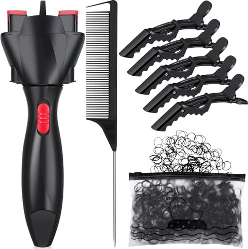 Gisafai Automatic Hair Braider Set DIY Styling Hair Twister with Rat Tail Comb, Crocodile Hair Clips and 800 Pieces Mini Rubber Bands Tool Styler for DIY Hair Styling