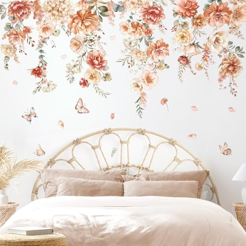 decalmile Wandtattoo Blumen Boho Groß Wandaufkleber Hängende Rebe Blüten Blätter Wandsticker Schlafzimmer Wohnzimmer Sofa Hintergrund Wanddeko