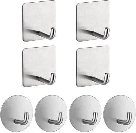 XMNIVATE 4 Pieces of Square Self-Adhesive Hooks, 4 Pieces of Round Self-Adhesive Hooks, Bathroom Towel Sticky Hooks, Kitchen Utensils Hooks, Sticky Door Hooks