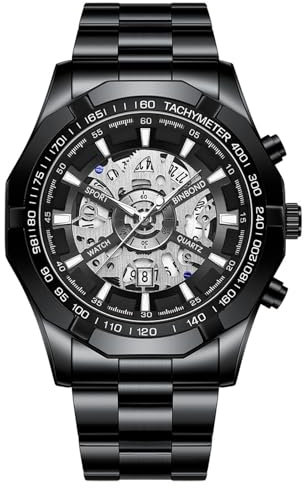 JewelryWe Herrenuhr Edelstahl Leuchtend Uhr: 30m Wasserdicht Kalender Analog Quarz Armbanduhr Herren Schwarz Edelstahlband Imitation Mechanische Skelett Uhr mit Achteckig Lünette & Silber Leuchtzeiger