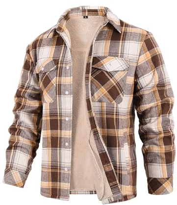 CMTOP Veste de Chemise Matelassée pour Hommes Manteau à Carreaux Doublé de Polaire Manteau Chaud en Coton Epais avec Poches et Boutons pour L'hiver et L'extérieur