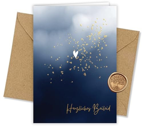 Trauerkarte mit Heißfolienprägung - Inkl. Briefumschlag & Wachssiegel - Hochwertige Kondolenzkarte aus 300g Offsetkarton - Beileidskarte Made in Germany - Funken Gold