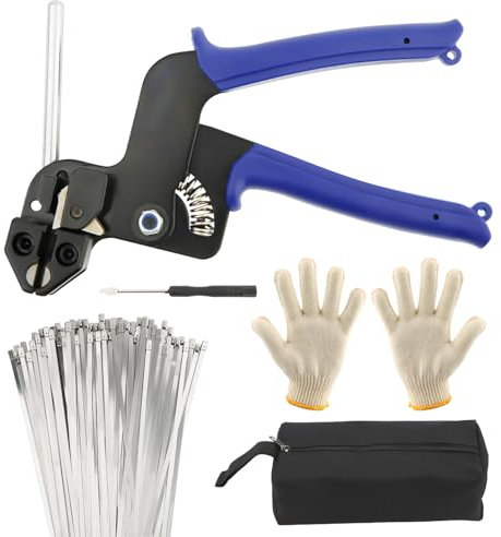 Zip Tie Tool Kit, Metal Stainless Steel Zip Tie Tightener with Cable Tie Gun Cable Tie Gloves Tool Bag Releasable Cable Tie Tensioning and Cutting Tool for Chain Link Fence Ties & Organize Cables