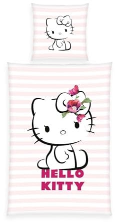 Herding Bettwäsche Hello Kitty, Kopfkissenbezug ca. 80 x 80 cm, Bettbezug ca. 135 x 200 cm, Mit Knopfleiste, 100% Baumwolle, Rosa