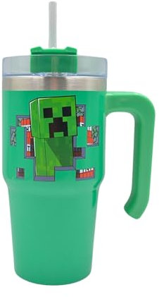 Minecraft Gobelet de 600 ml avec paille et couvercle – Tasse de voyage anti-fuite et anti-déversement – Bouteille d'eau isotherme en acier inoxydable avec poignée pour garder au froid pendant 17 h ou