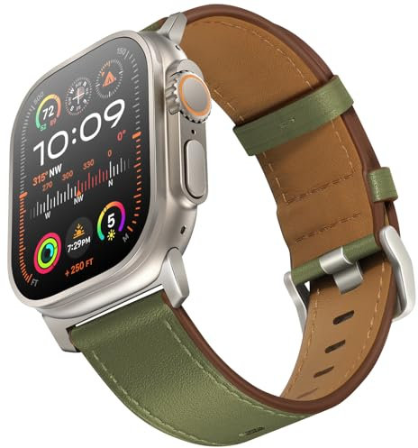 UUPWPOKT Compatible con Apple Watch Ultra 2/1 Band de 49 mm, 46 mm, 45 mm, 44 mm, 42 mm, correa de piel auténtica para iWatch Ultra Series 10 9 8 7 6 5 4 3 2 1 SE, verde militar/titanio