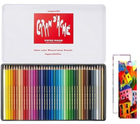 Caran D'ache Swisscolor Lot de 40 crayons aquarellables en boîte en métal et 2 cartes