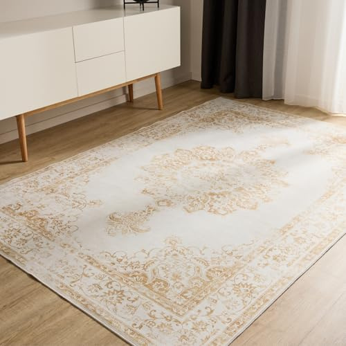 benuta Basic Waschbarer Teppich George - Creme/Gelb 160x230 cm - Kunstfaser - Rechteckig & im Style: Vintage, Elegant, Retro - Pflegeleicht für Wohnzimmer Schlafzimmer