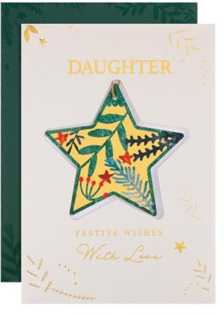 Hallmark Daughter Christmas Card, Traditional Foliage & Bauble Design, With Hanging Keepsake Gift, Christmas Card for Daughter, Gold, Cream