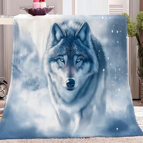 Kuscheldecke Flauschige Wolldecke mit Schneeflocke Tier Wolf Muster, Warme Sherpa Decke Wohndecke Sofadecke 200 x 200 cm Warme Super Weiche Kuscheldecke Grau