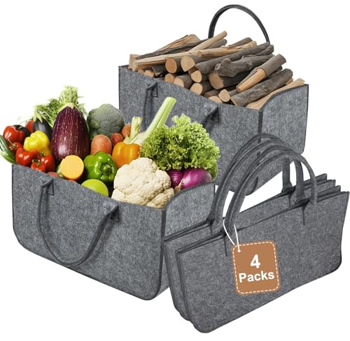 Kuro sagol Filztasche Groß Set aus 4 langlebigen Filzkorb Filztaschen ideal für Holzkorb Kaminholzkorb Einkaufstasche vielseitig, 30L Vol. (grau)