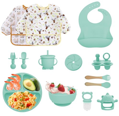 Bizcasa Vajilla Bebe Silicona, 14 Piezas Vajilla de Silicona para Bebés Antideslizante,Vajilla de aprendizaje para comer destete con Plato Cuenco Babero Taza Mordedor Fruta Bebe, Sin BPA (Verde 2)
