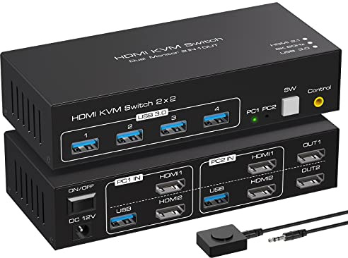 ATLAHET 8K 60Hz HDMI KVM Switch 2 Monitors 2 Computers Support 4K 120Hz KVM Switches for 2 PC Share Dual Monitors and 4 USB 3.0 Devices Support Copy and Extend Mode -3.6CM High
