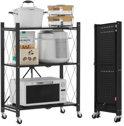 DEANIC Faltbare Aufbewahrungsregale, 3 Etagen, Metallregal zur Aufbewahrung, 61 x 85 x 28 cm, Eck-Küchenregale auf Rädern, Speisekammerregale, Bücherregal für Wohnzimmer, Schwarz