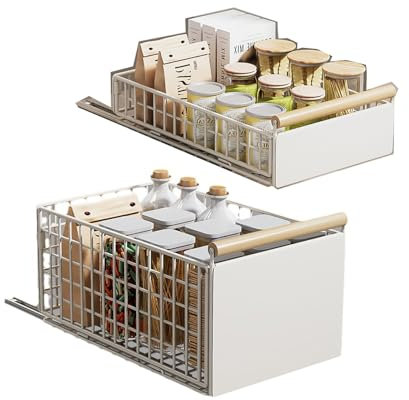 IVTUVTI 2 Packung faltbar ausziehen Schrank Organizer mit Holzgriff, zusammenklappbarer Schrank Organizer für die Küche, Pantry Regale Schubladen Lagerung, Roll Out Küchenschrankregal (Weiß)