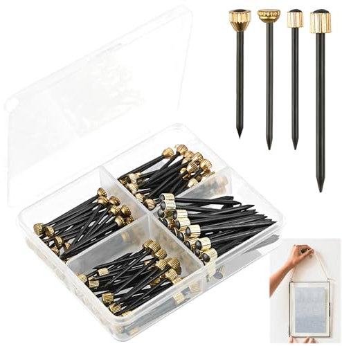 Deepton 120Pcs Picture Hanging Nails, 4 Styles Picture Nails for Walls, Brass Head Picture Pins with Plastic Storage Box, Picture Hooks for Hanging Photo Frame