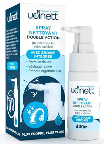 Hearing Aid Cleaning Spray with Integrated Brush 30ml Udinett Sanitizer for Earmolds Replacement Domes Earplugs Bluetooth Headphones Eliminates Bacteria and Earwax Dust Alcohol-Free Quick Drying