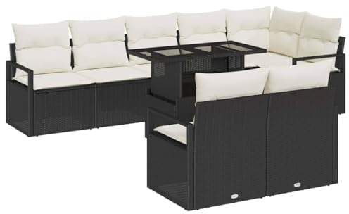 vidaXL 9-teiliges Garten-Sofa-Set mit Kissen in Schwarz aus Poly Rattan – wetterfestes, stylisches Möbel für Terrasse und Patio