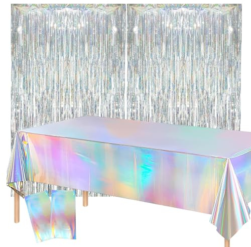 SJUNJIE 2 Bunt Glitzer Tischdecke Geburtstag 137x274cm Plastik Tischdecken | Wasserdicht Party Tischdecke mit 2 Stück Lametta Vorhang für Tischdekorationen Geburtstagsfeiern Verwendet