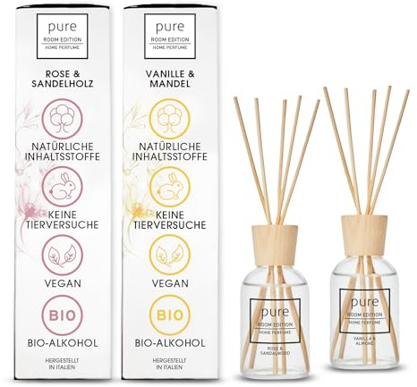 PURE ROOM EDITION 2x100ml Romantik Duo Geschenkset Liebe Raumduft | Deko für Valentinstag & Hochzeitstag, Diffuser mit Duftstäbchen, natürliche Inhaltstoffe, tierversuchsfrei, Rose & Vanille