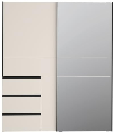 Forte Winn 2 moderner Kleiderschrank 170, Schwebetürenschrank mit Spiegel, 2-türig, 3 Schubladen, Holzwerkstoff, Kaschmir|Beige, 170,3 cm breit x 200,5 cm hoch x 61,2 cm tief