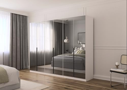 Rauch Möbel Skyla, Kleiderschrank, Farbe Weiß, Breite 271 cm | Schrank, 6-türig, mit Grauspiegel, für Schlafzimmer, Kinderzimmer, Jugendzimmer, Wohnzimmer, Garderobe, Flur