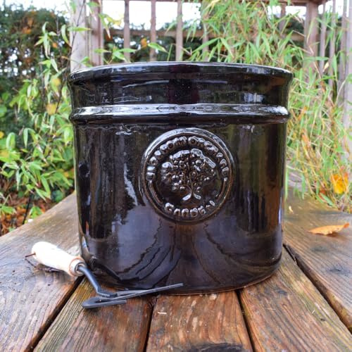 Bedwen 'Blossom Cylinder' Ceramic Plant Pot – 30cm Black Glazed Outdoor Pot for Garden & Patio