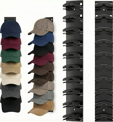 2 Pack Hat Organizer for Baseball Caps - Wall Mounted Cap Storage Rack | Black Adhesive Hanger Display, Holds 20 Hats, Multi-Layer Design for Door and Closet