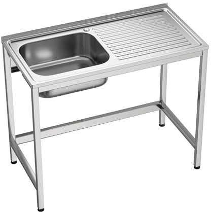 GASFRIT Fregadero Industrial Acero Inoxidable | 1 Seno con Escurridor | 800x500x850 mm | Acabado Pulido Satinado | Ideal Hostelería, Barra y Cocina Profesional (Izquierda, Grifo monomando codo)
