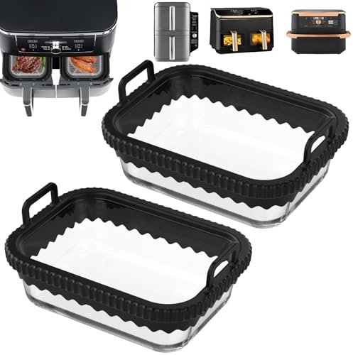 2 Stück Auflaufform Airfryer mit Herausnehmbarer Silikongriffen für Ninja AF400EU/DZ400EU/AF500EU für COSORI Heißluftfritteuse 2 Kammern, Glas Airfryer Zubehör, Spülmaschinenfest