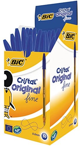 BIC Cristal Original Fine, Boligrafos Punta Fina (0.8mm), Óptimo para Uso Escolar y de Oficina, Caja de 50 Unidades, Azul