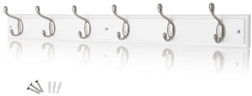 keypak 6-Hook Wall-Mounted Coat Rack, 68cm - White Wooden Board, Satin Nickel Coat Hooks - Fixings Included